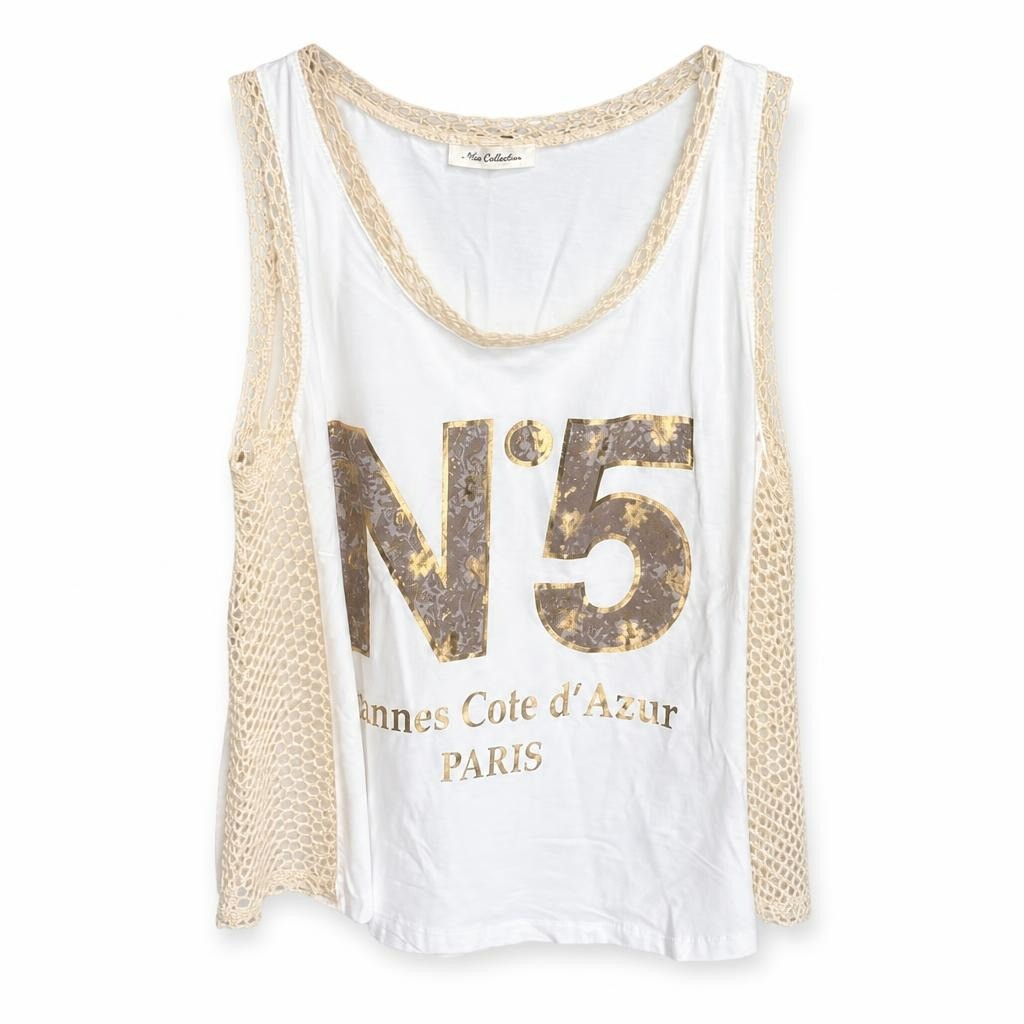 White No.5 Cannes Paris graphic crochet tank - white studio shot, second-hand at Why Go Less, Dekwaneh, Lebanon