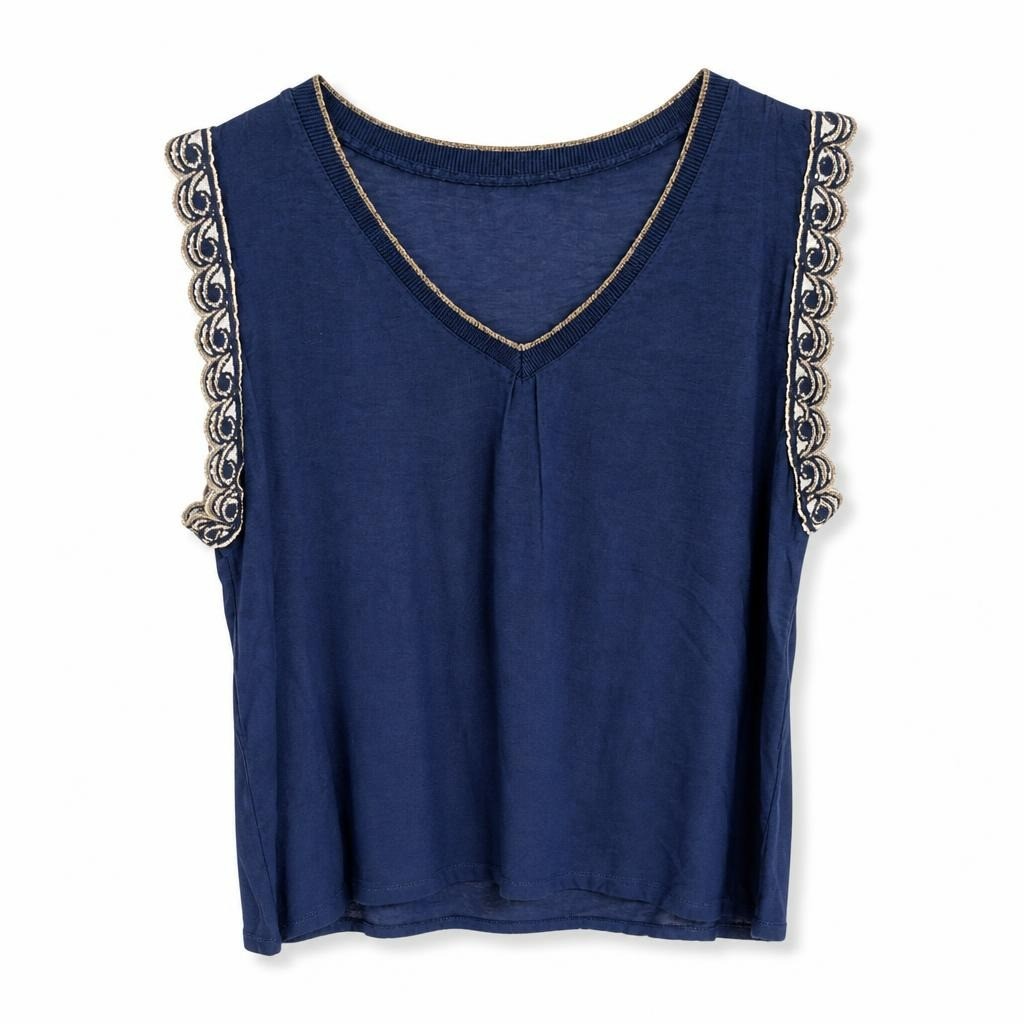Navy blue V-neck top with gold trim & embroidery - white studio shot, second-hand at Why Go Less, Dekwaneh, Lebanon
