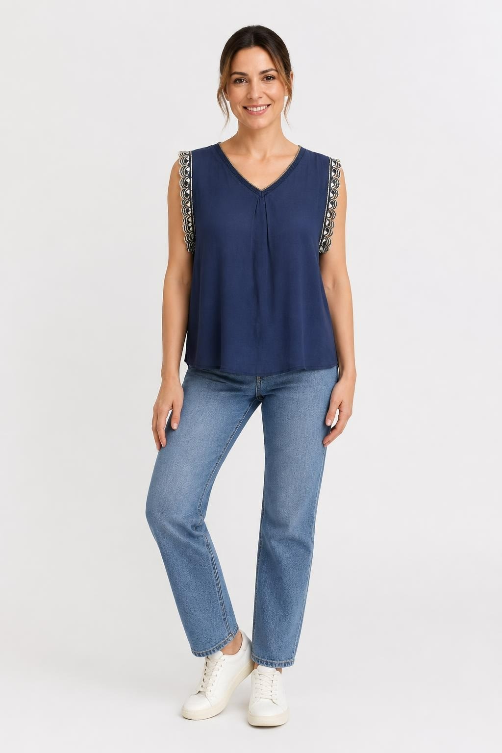 Navy Blue V-Neck Top Gold Trim and Embroidery | Pre-Loved | Why Go Less
