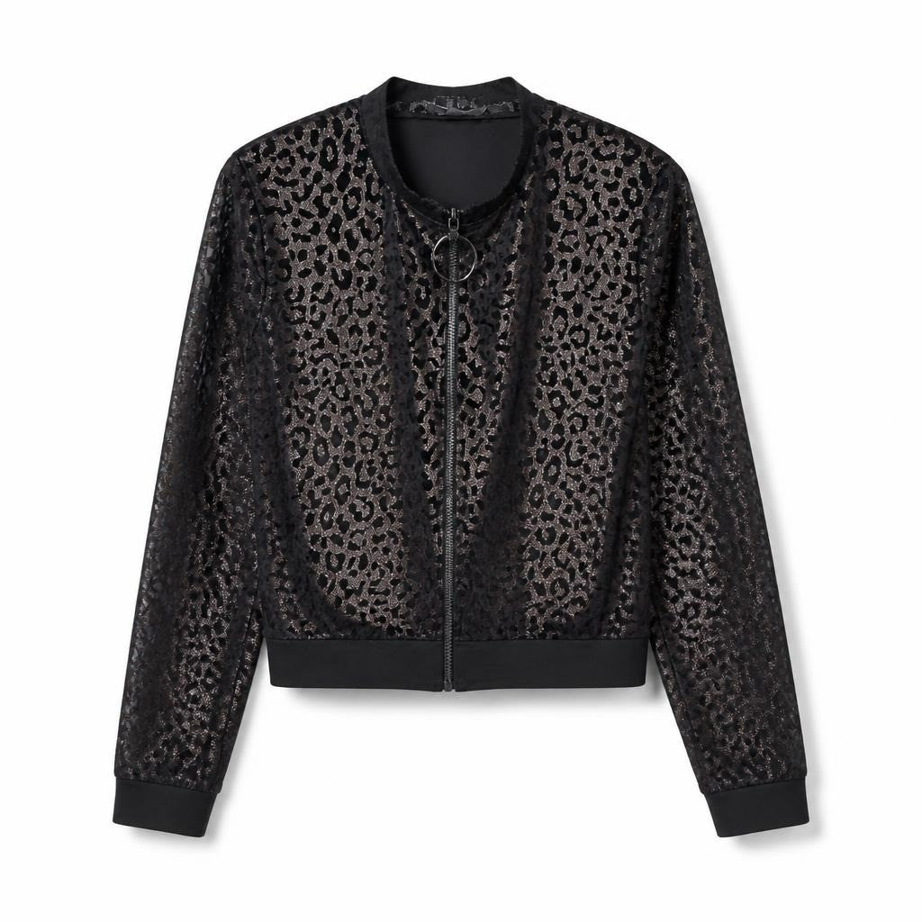Black gold leopard print zip-up bomber jacket - white studio shot, second-hand at Why Go Less, Dekwaneh, Lebanon