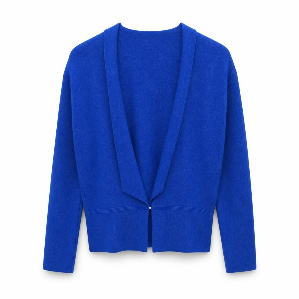 Cappuccini royal blue knit cardigan, one-button - white studio shot, second-hand at Why Go Less, Dekwaneh, Lebanon