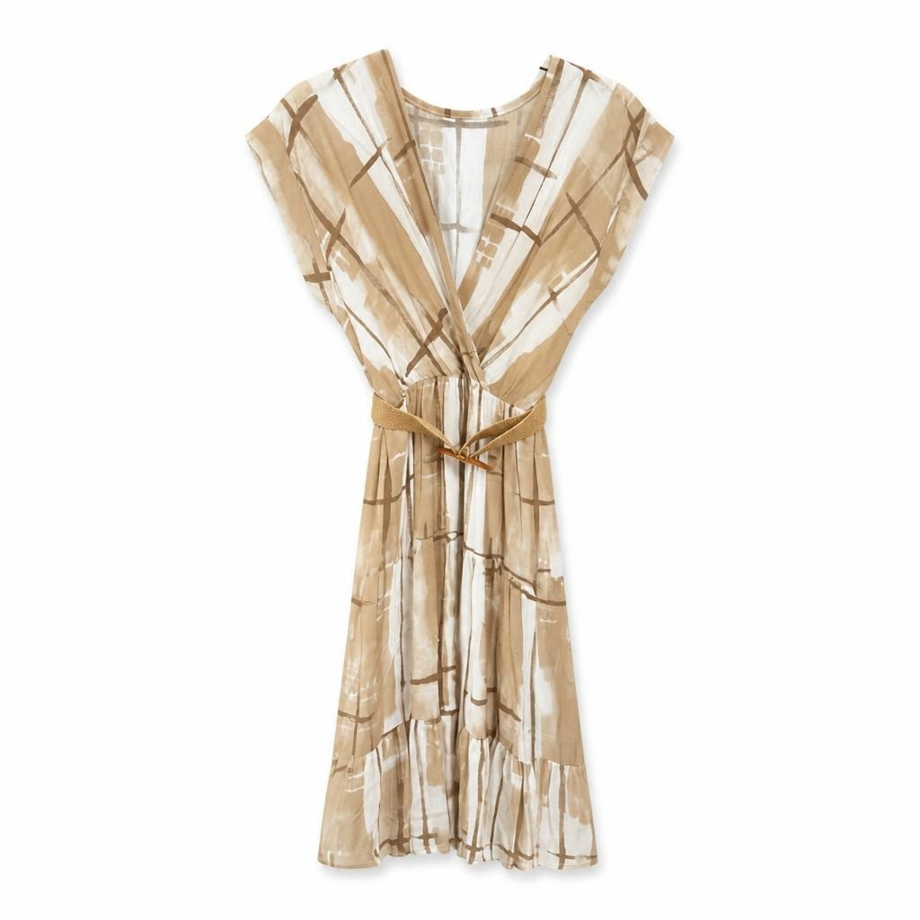 Beige white abstract print belted midi dress - white studio shot, second-hand at Why Go Less, Dekwaneh, Lebanon