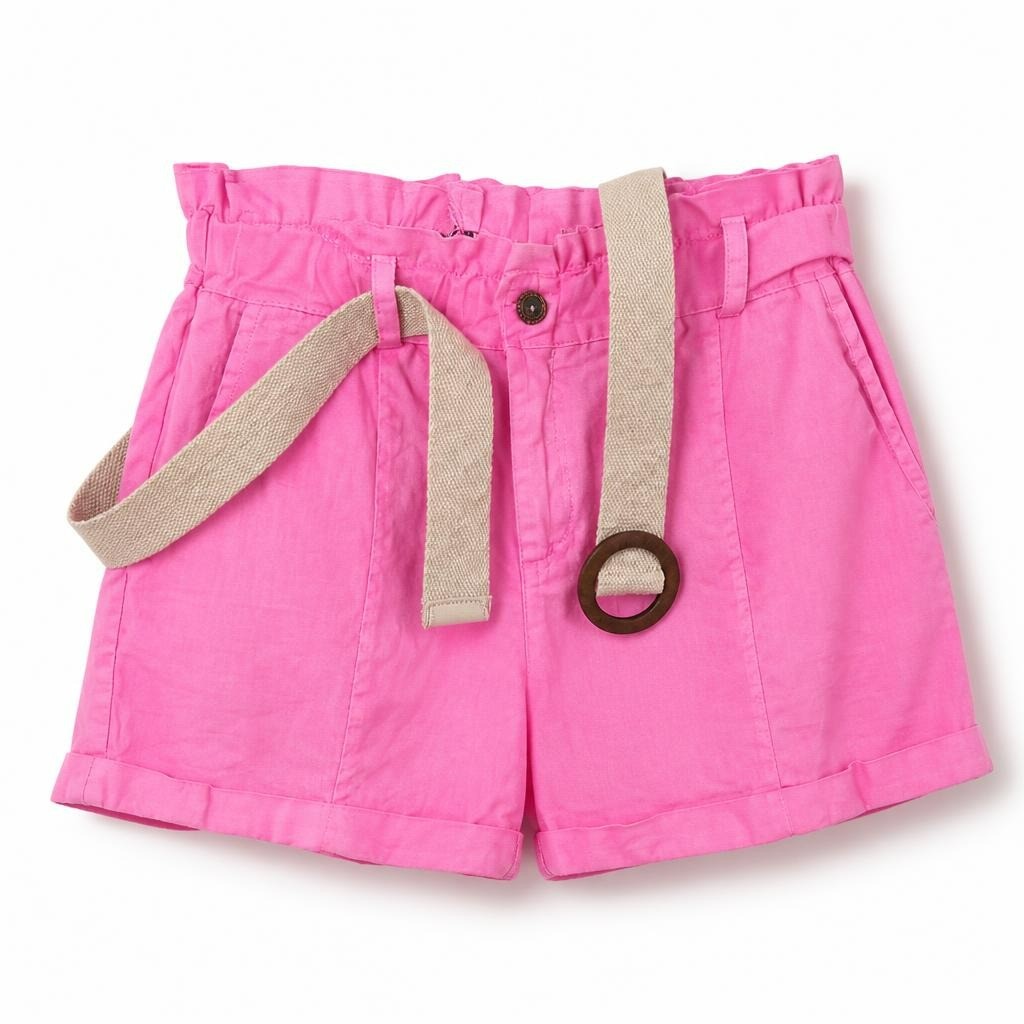 Hot pink belted linen-blend shorts with cuffed hem - white studio shot, second-hand at Why Go Less, Dekwaneh, Lebanon