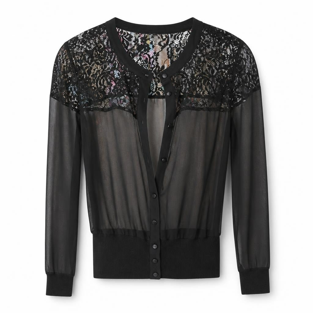 Sabra black sheer lace cardigan, long sleeve - white studio shot, second-hand at Why Go Less, Dekwaneh, Lebanon