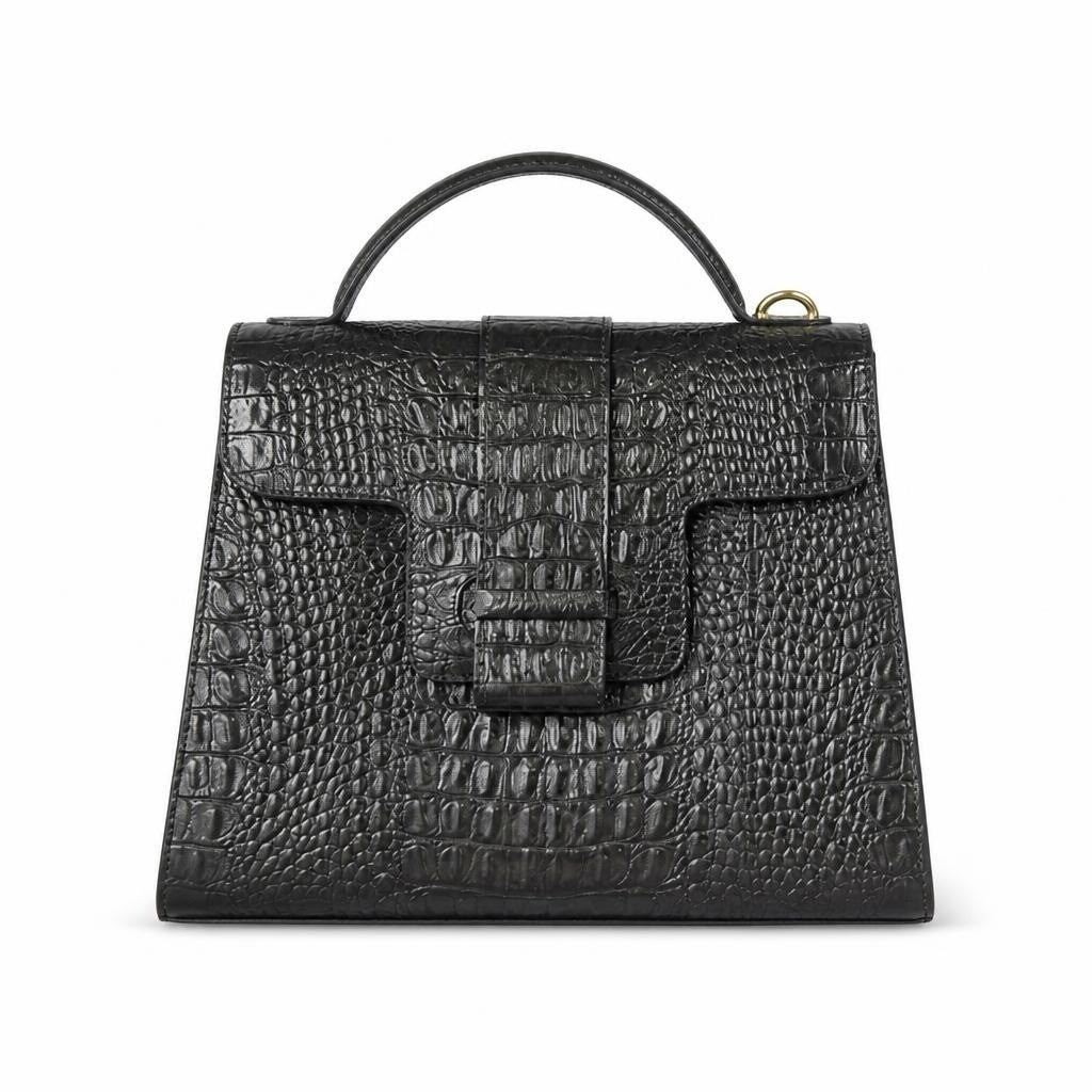 Elecco croc-embossed black handbag, hot pink interior - white studio shot, second-hand at Why Go Less, Dekwaneh, Lebanon