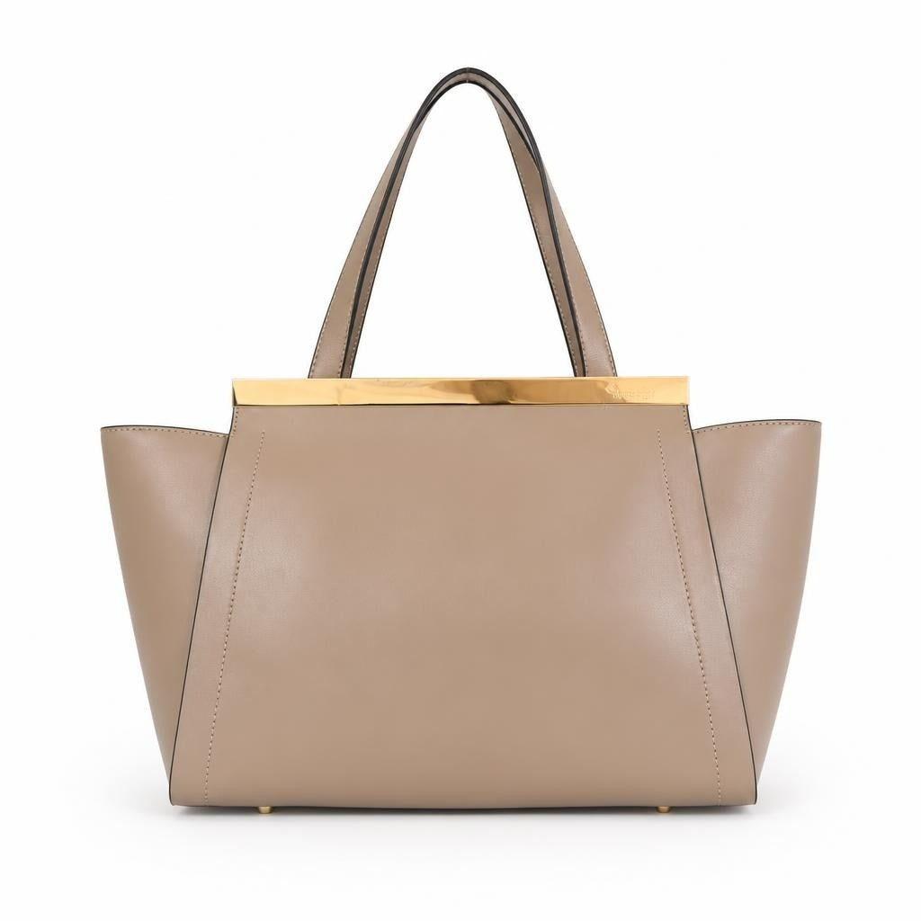 Beige leather structured tote, gold frame hardware - white studio shot, second-hand at Why Go Less, Dekwaneh, Lebanon