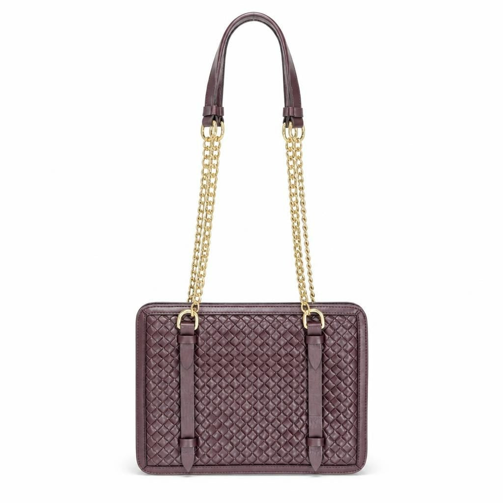 Quilted structured crossbody bag, dark plum, gold chain - white studio shot, second-hand at Why Go Less, Dekwaneh, Lebanon