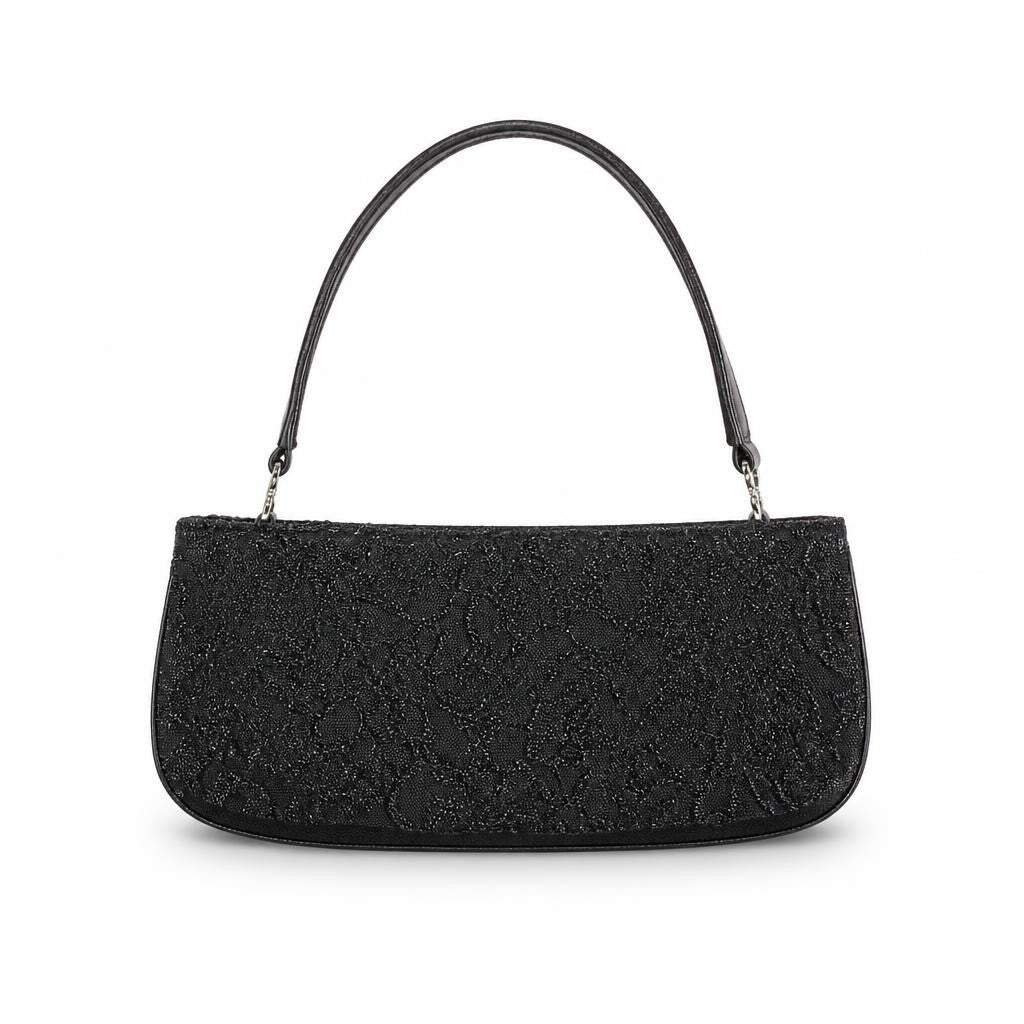 Black beaded floral mini shoulder bag - white studio shot, second-hand at Why Go Less, Dekwaneh, Lebanon