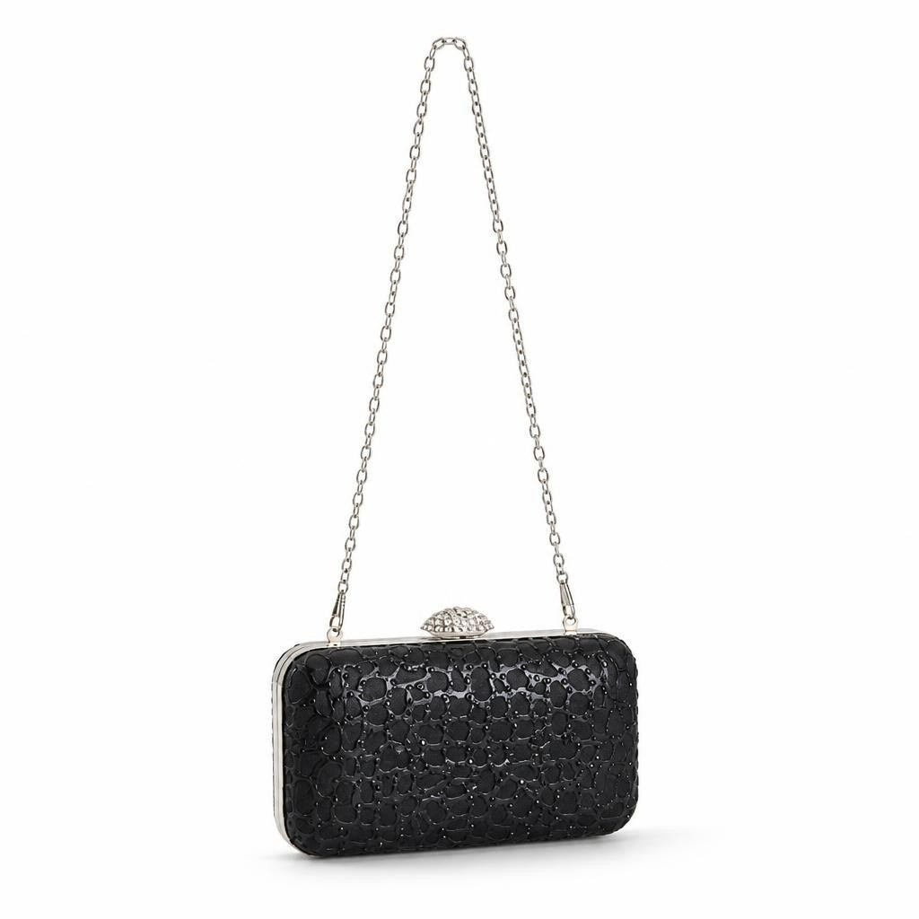 Black embossed clutch bag gold chain strap - white studio shot, second-hand at Why Go Less, Dekwaneh, Lebanon