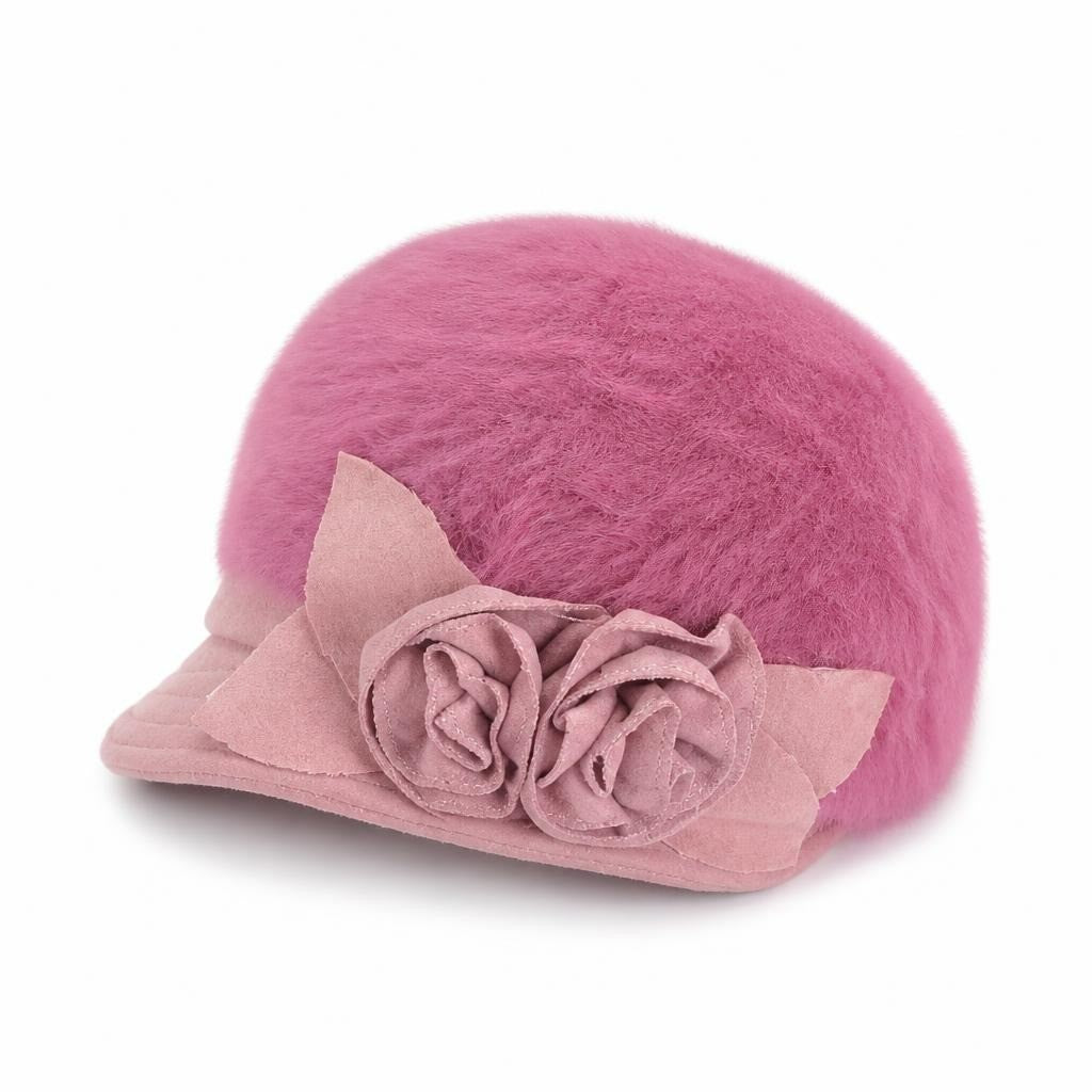 Pink fluffy fur bucket hat with roses - white studio shot, second-hand at Why Go Less, Dekwaneh, Lebanon