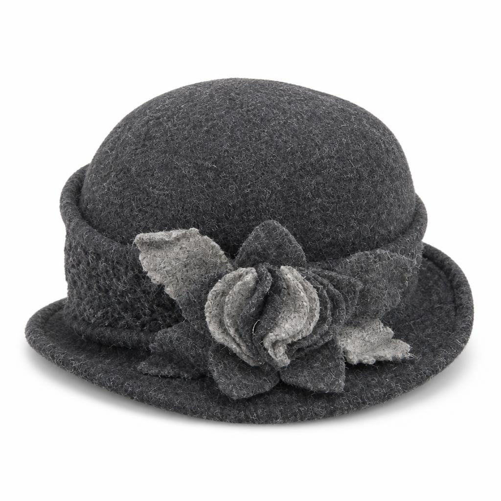 Dark grey wool cloche hat with flower trim - white studio shot, second-hand at Why Go Less, Dekwaneh, Lebanon