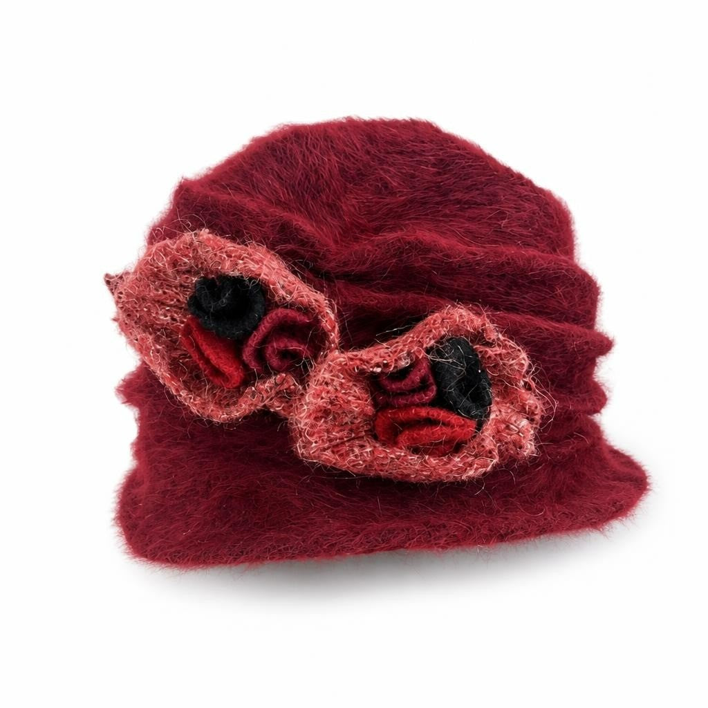Burgundy red fuzzy knit hat floral detail - white studio shot, second-hand at Why Go Less, Dekwaneh, Lebanon