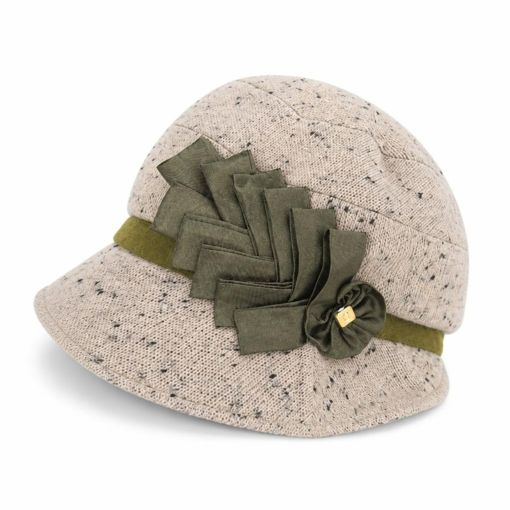 Beige tweed cloche hat with olive ribbon & bow - white studio shot, second-hand at Why Go Less, Dekwaneh, Lebanon