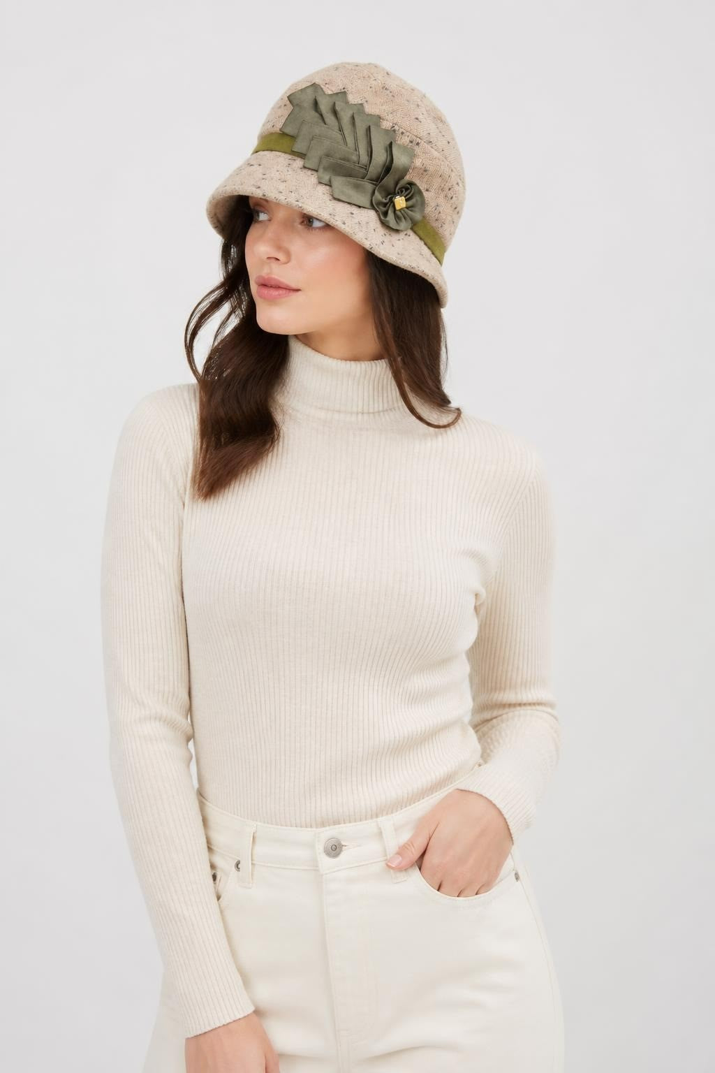 Beige Tweed Cloche Hat Olive Ribbon and Bow | Pre-Loved | Why Go Less