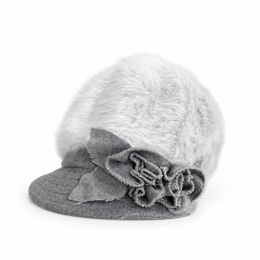 Gray faux fur newsboy cap with flower detail - white studio shot, second-hand at Why Go Less, Dekwaneh, Lebanon
