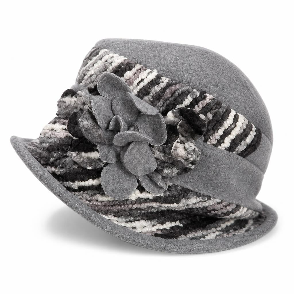 Gray striped wool bucket hat with floral accent - white studio shot, second-hand at Why Go Less, Dekwaneh, Lebanon