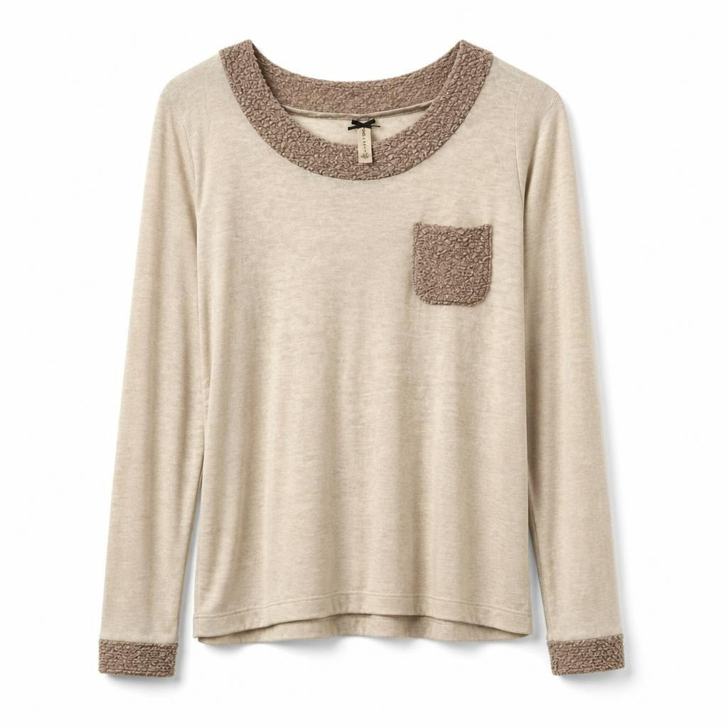Beige boucle-trim knit top and jogger set - white studio shot, second-hand at Why Go Less, Dekwaneh, Lebanon