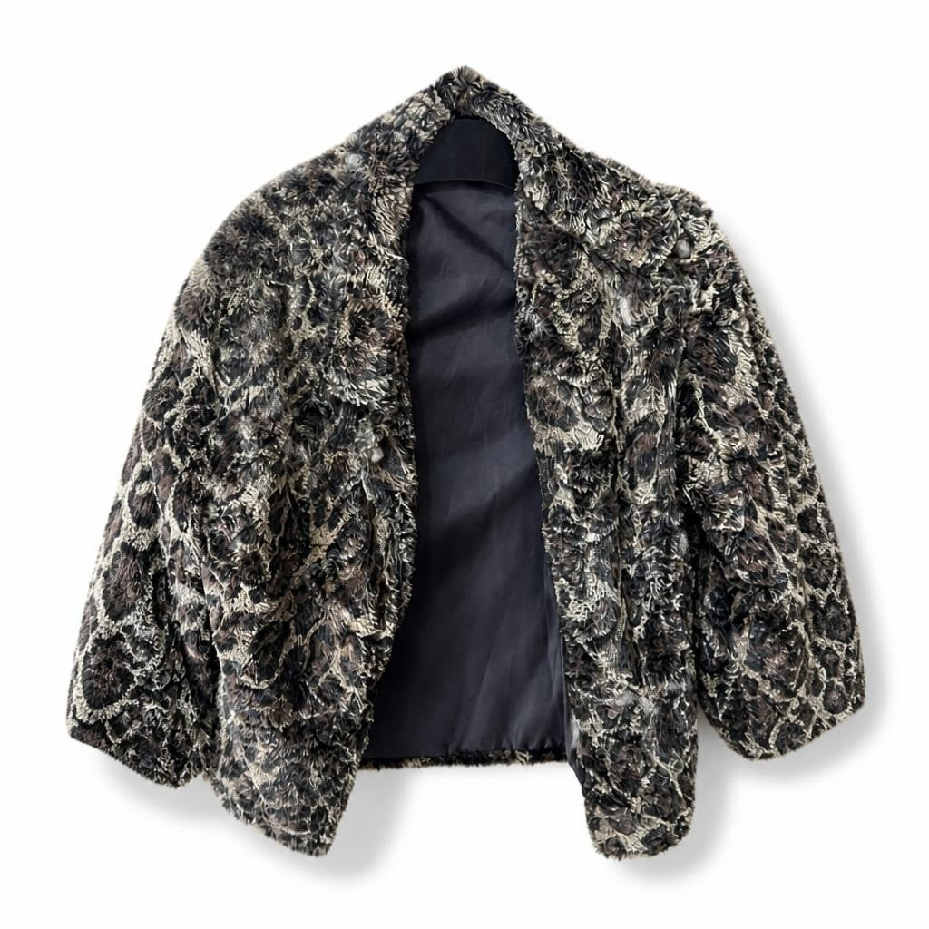 Leopard print faux fur short jacket, black lining - white studio shot, second-hand at Why Go Less, Dekwaneh, Lebanon