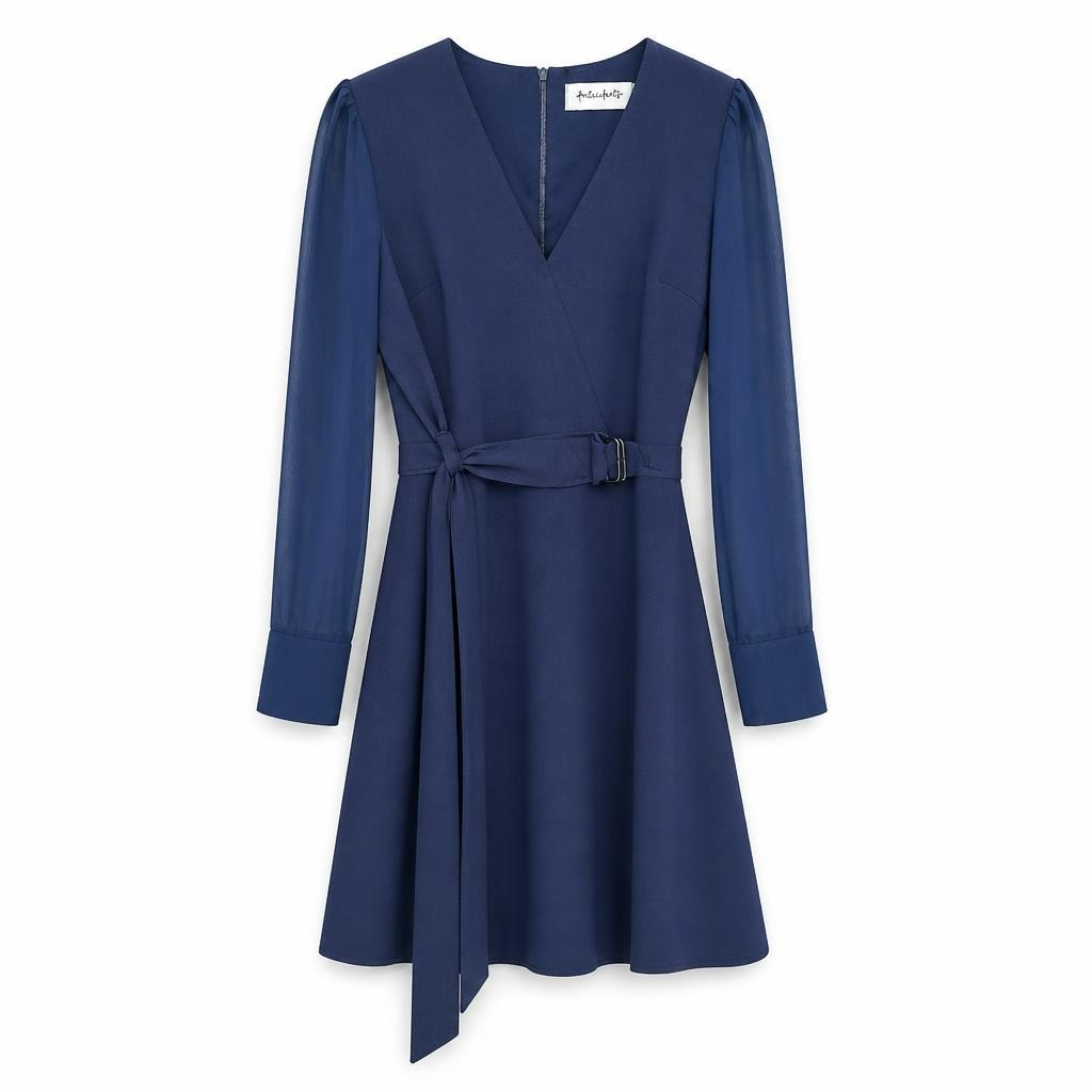 Andrea Folli Navy Blue V-Neck Belted Dress - white studio shot, second-hand at Why Go Less, Dekwaneh, Lebanon