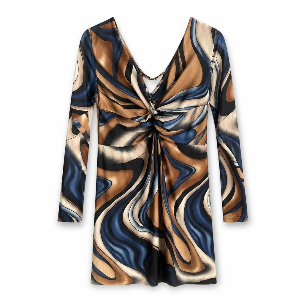Abstract Swirl Print Satin Twist-Front Mini Dress - white studio shot, second-hand at Why Go Less, Dekwaneh, Lebanon
