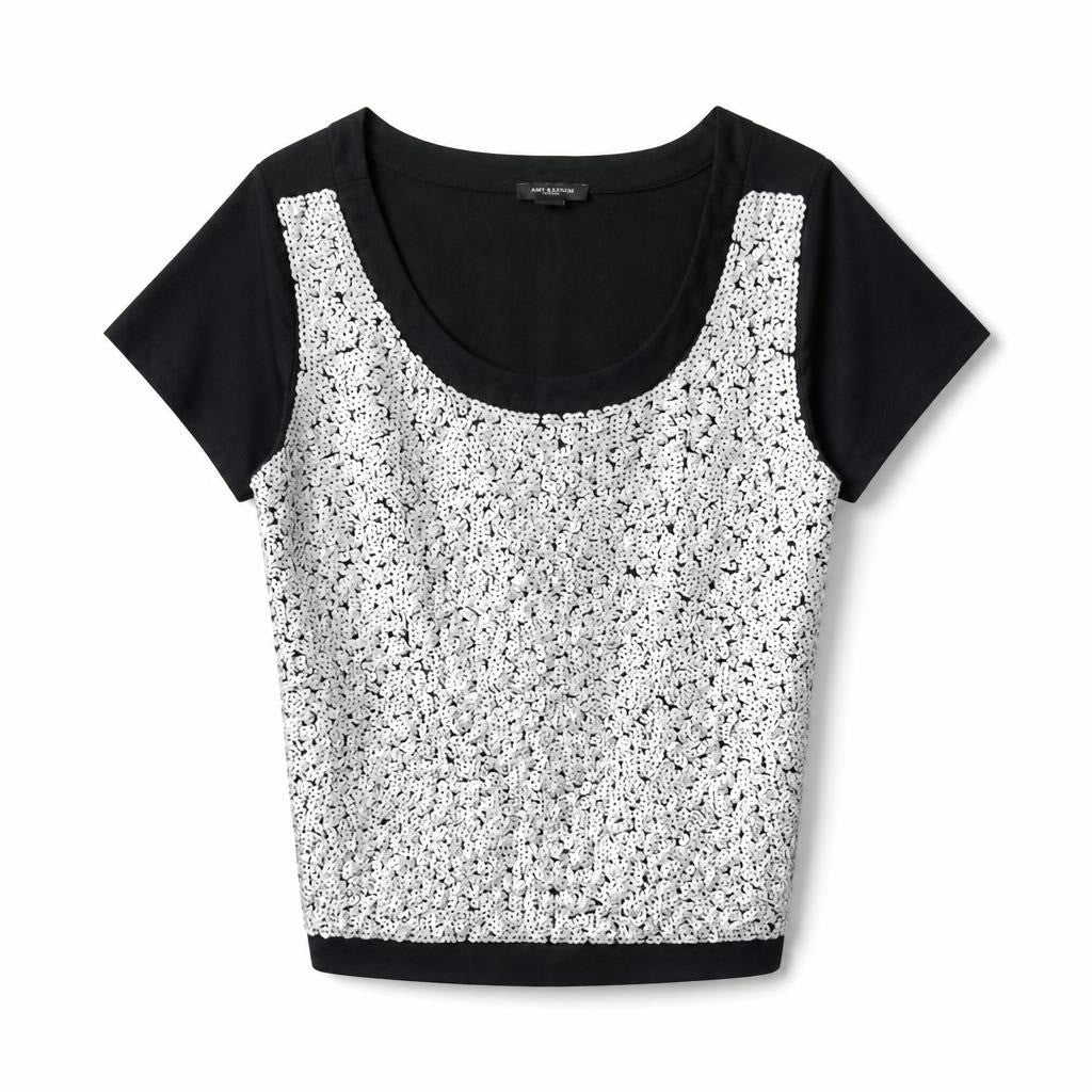 Ann Taylor Black Sequin Front Short Sleeve Top - white studio shot, second-hand at Why Go Less, Dekwaneh, Lebanon