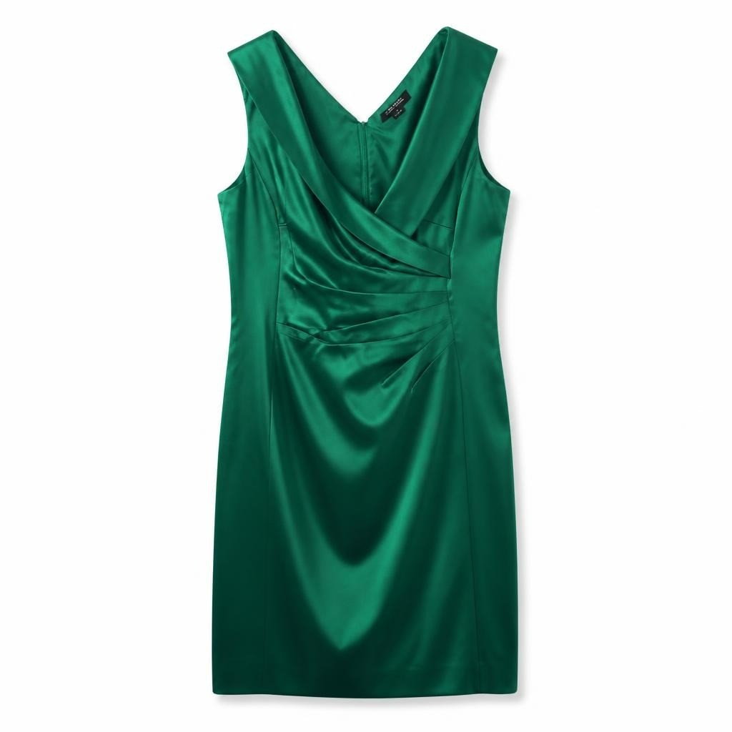 Adrianna Papell Emerald Green Satin Cocktail Dress - white studio shot, second-hand at Why Go Less, Dekwaneh, Lebanon