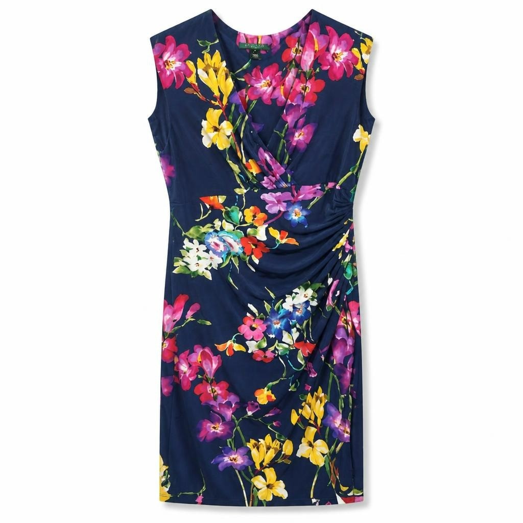 Lauren Ralph Lauren Navy Floral Wrap Dress - white studio shot, second-hand at Why Go Less, Dekwaneh, Lebanon