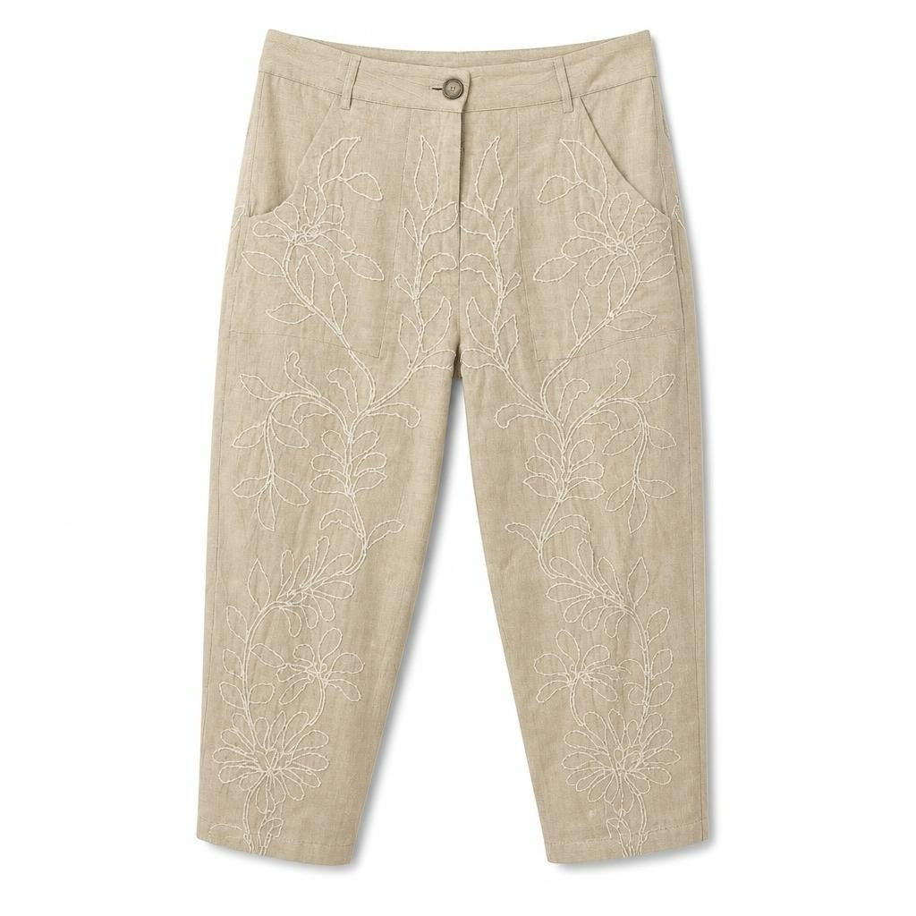 Beige linen cropped pants w/ floral embroidery - white studio shot, second-hand at Why Go Less, Dekwaneh, Lebanon
