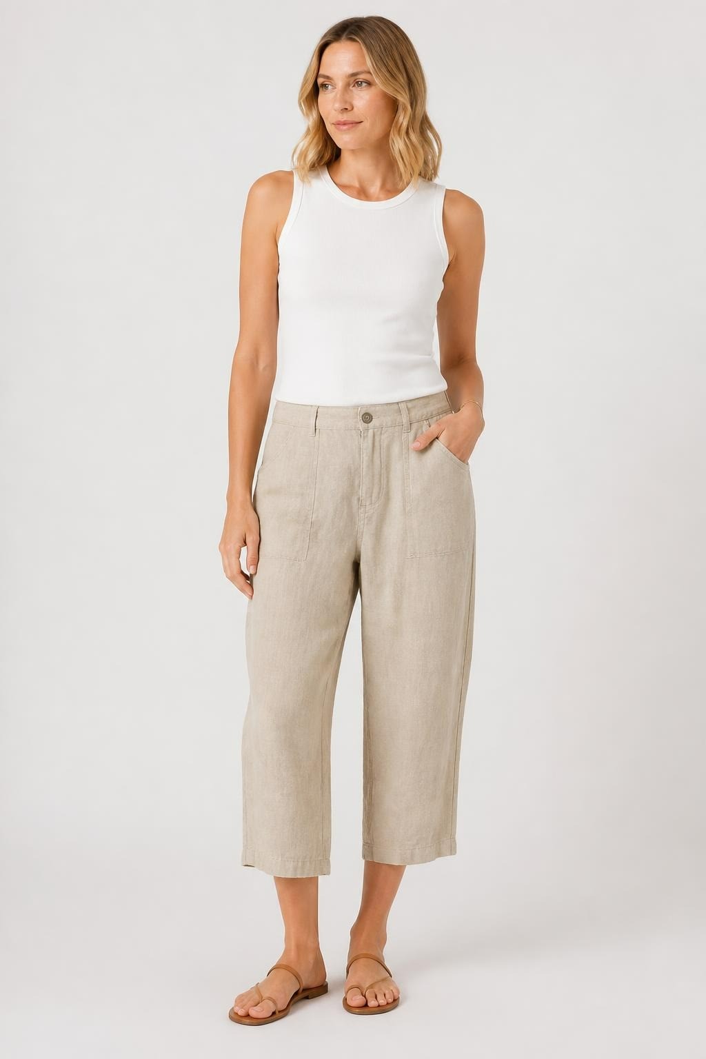 Beige Linen Cropped Pants W/ Floral Embroidery | Pre-Loved | Why Go Less