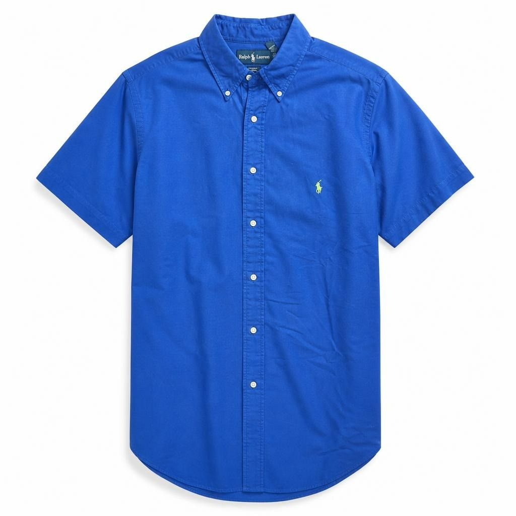 Ralph Lauren blue short-sleeve button-down shirt - white studio shot, second-hand at Why Go Less, Dekwaneh, Lebanon