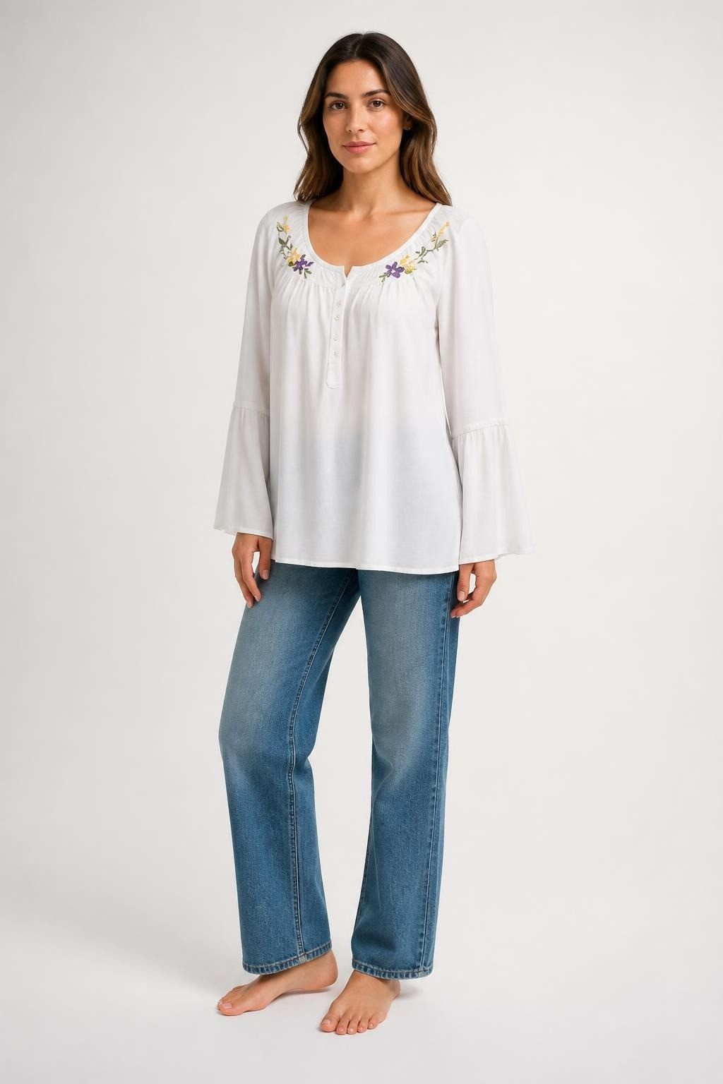 White Boho Blouse W/ Floral Beaded Neckline | Pre-Loved | Why Go Less