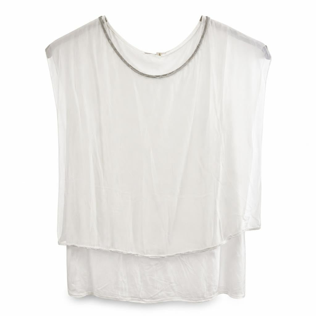 White sheer layered top with chain neckline detail - white studio shot, second-hand at Why Go Less, Dekwaneh, Lebanon