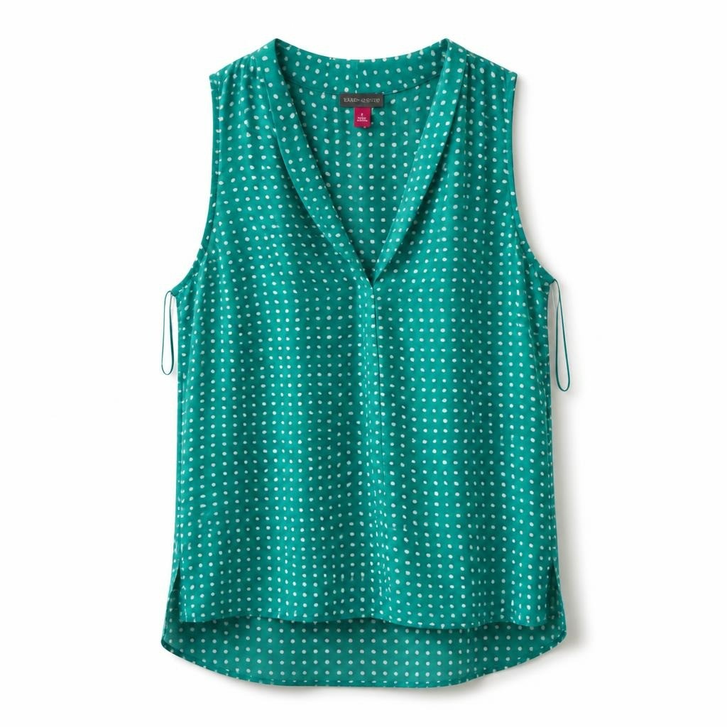 Vince Camuto green polka dot sleeveless V-neck blouse - white studio shot, second-hand at Why Go Less, Dekwaneh, Lebanon
