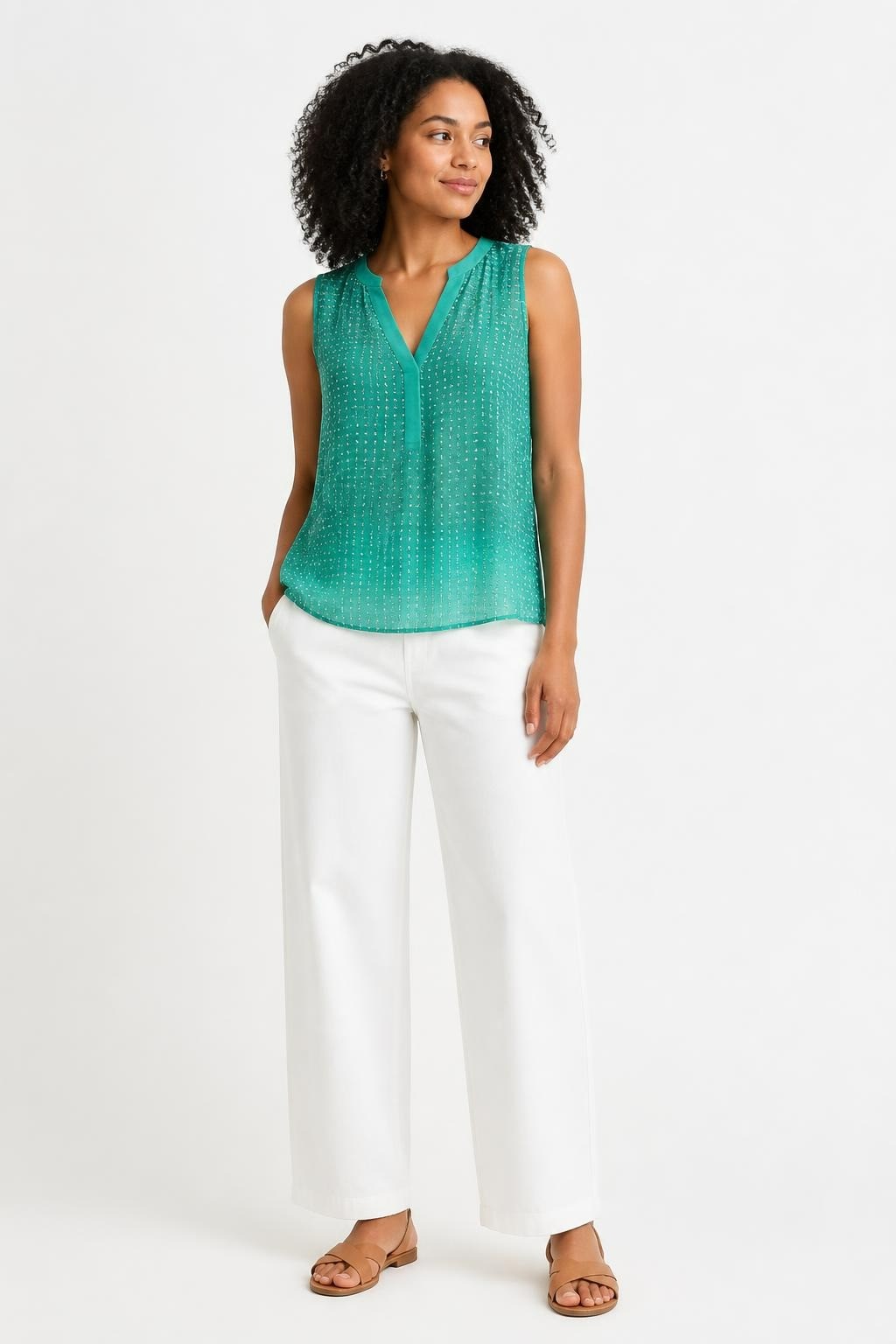Vince Camuto Green Polka Dot Sleeveless V-Neck Blouse | Pre-Loved | Why Go Less