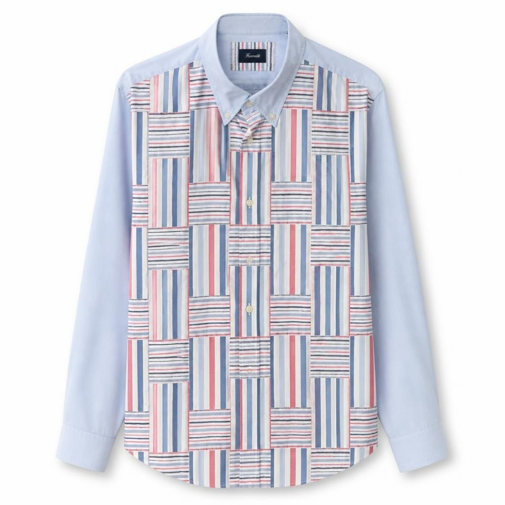 Faconnable patchwork stripe long-sleeve button-down shirt - white studio shot, second-hand at Why Go Less, Dekwaneh, Lebanon