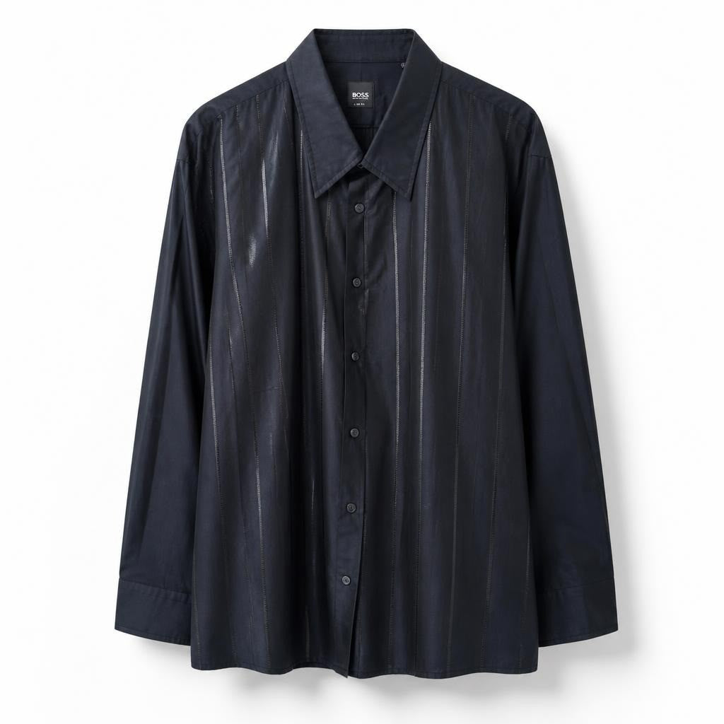Hugo Boss black dress shirt with stripe detail - white studio shot, second-hand at Why Go Less, Dekwaneh, Lebanon