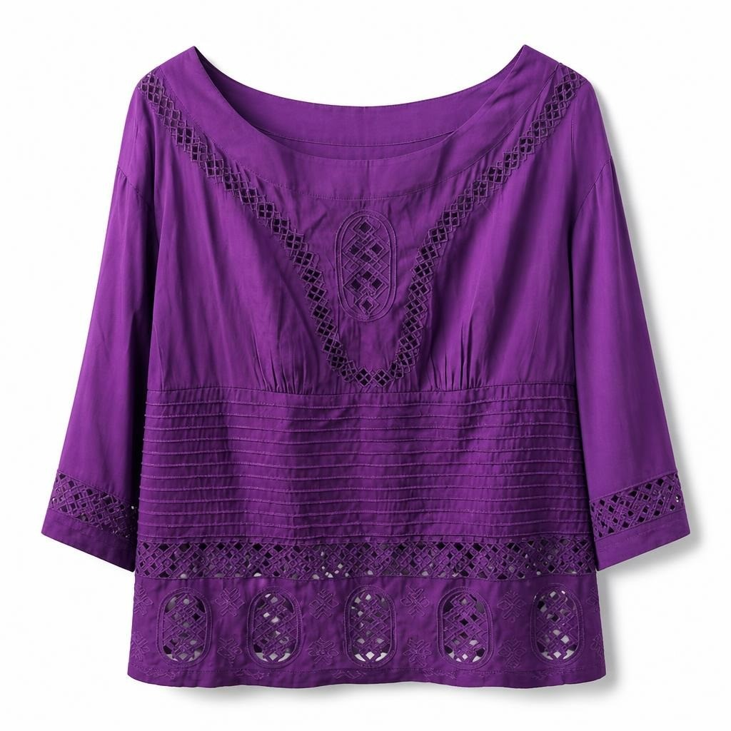 Catherine Malandrino purple cutwork blouse, sz L - white studio shot, second-hand at Why Go Less, Dekwaneh, Lebanon