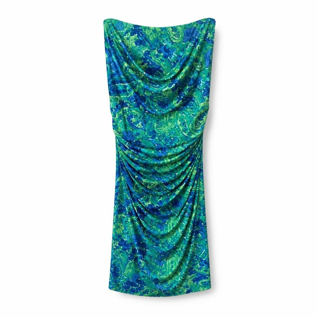 Lauren Ralph Lauren green floral ruched dress - white studio shot, second-hand at Why Go Less, Dekwaneh, Lebanon
