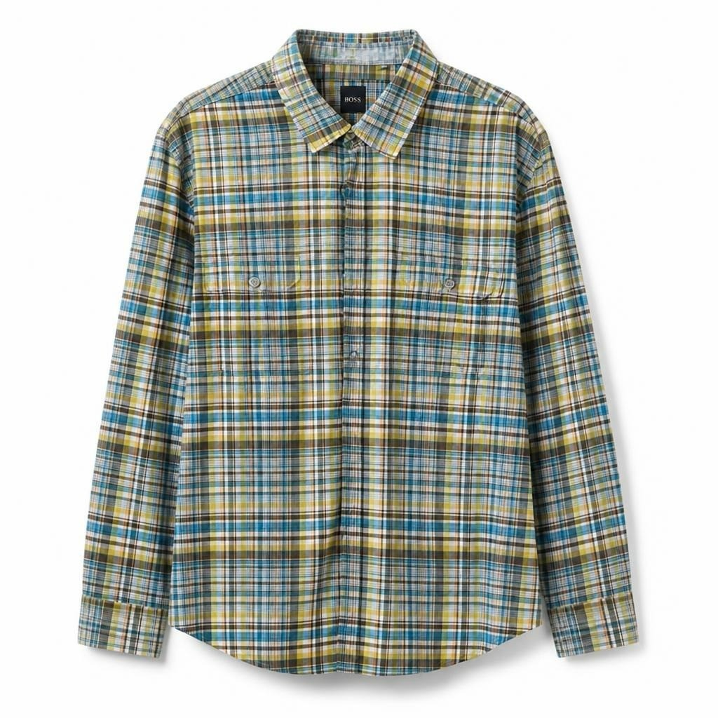 Hugo Boss plaid flannel shirt, blue/yellow/brown - white studio shot, second-hand at Why Go Less, Dekwaneh, Lebanon