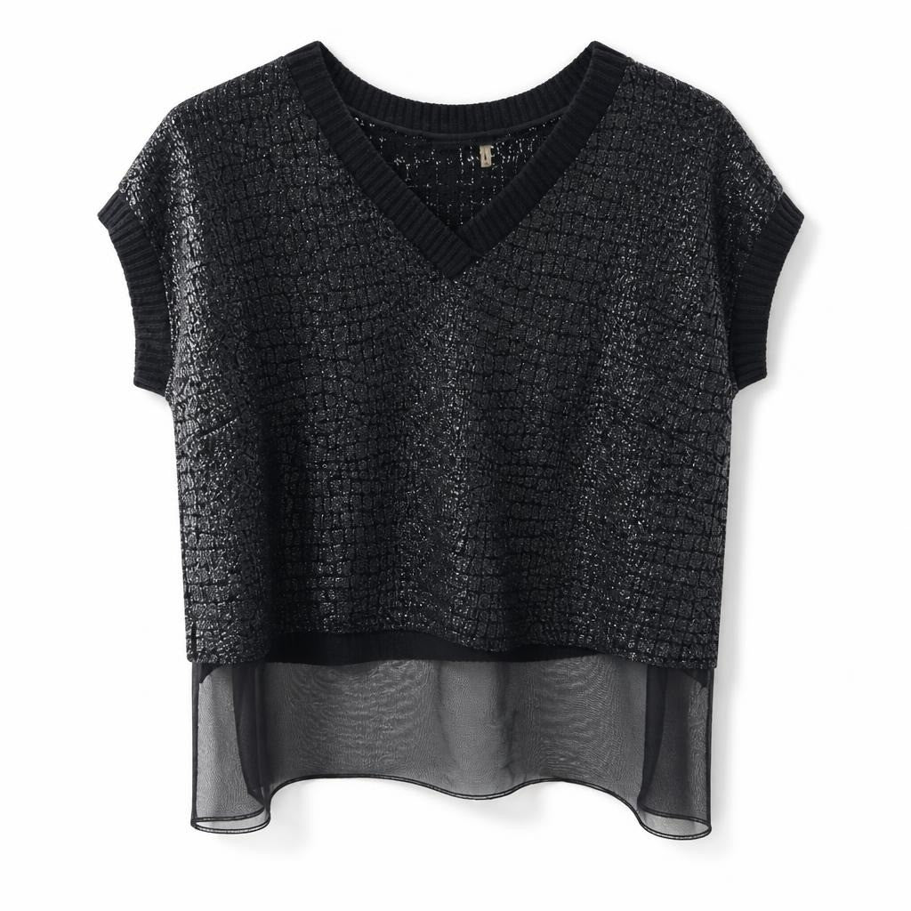 Black sequin knit top with sheer hem panel - white studio shot, second-hand at Why Go Less, Dekwaneh, Lebanon