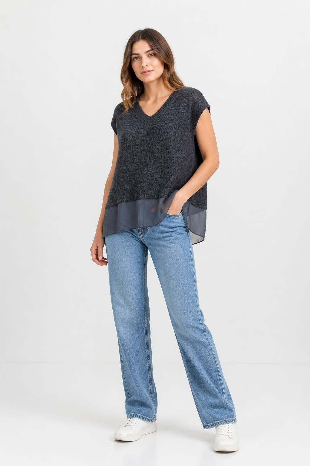 Black Sequin Knit Top with Sheer Hem Panel | Pre-Loved | Why Go Less