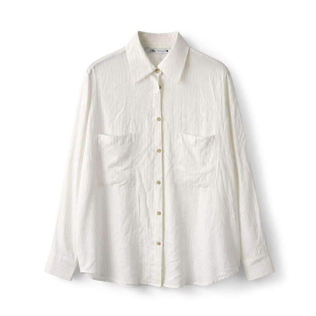Zara white pinstripe shirt with chest pockets - white studio shot, second-hand at Why Go Less, Dekwaneh, Lebanon