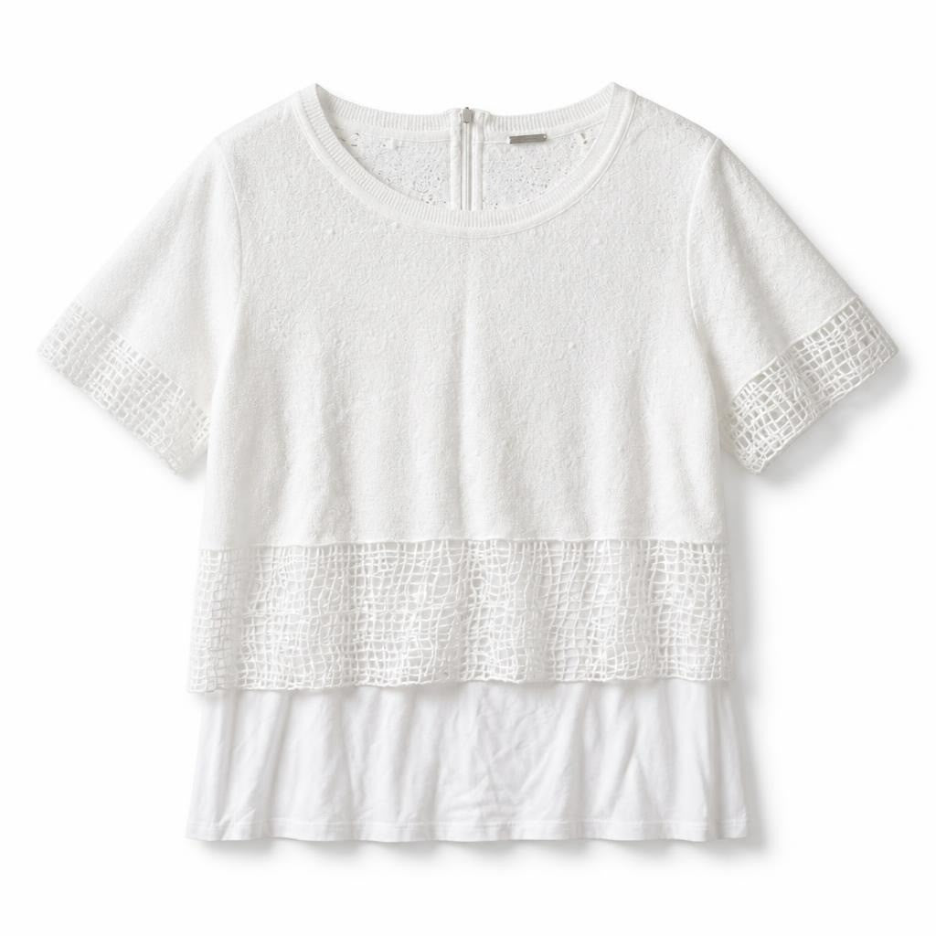 White knit top with crochet lace hem detail - white studio shot, second-hand at Why Go Less, Dekwaneh, Lebanon