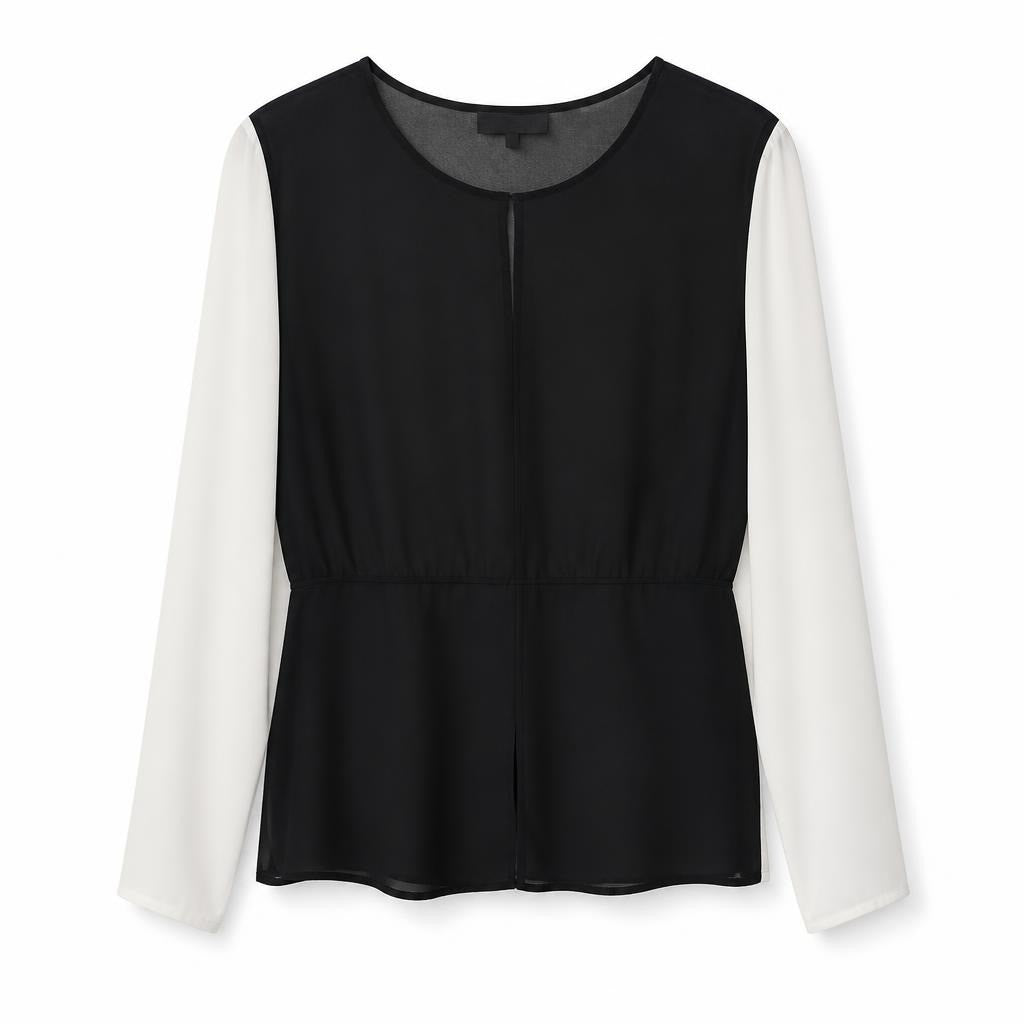 Black and white color-block sheer blouse - white studio shot, second-hand at Why Go Less, Dekwaneh, Lebanon