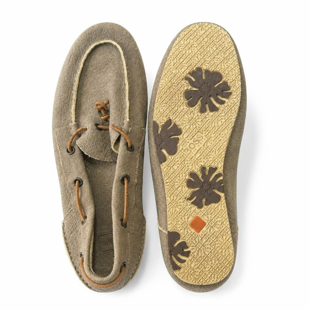 Hugo Boss taupe leather boat shoes - white studio shot, second-hand at Why Go Less, Dekwaneh, Lebanon