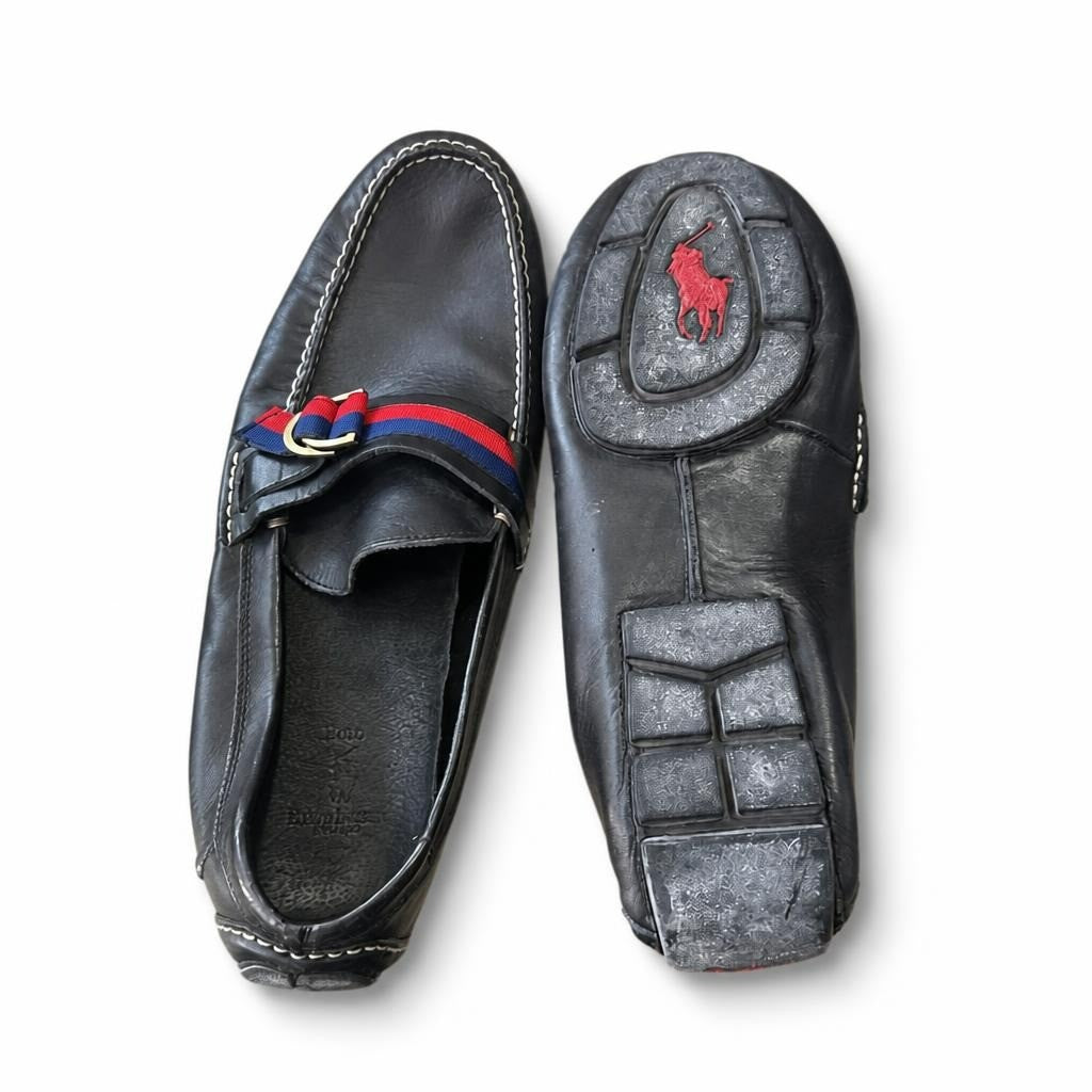 Polo Ralph Lauren black leather driving loafers - white studio shot, second-hand at Why Go Less, Dekwaneh, Lebanon