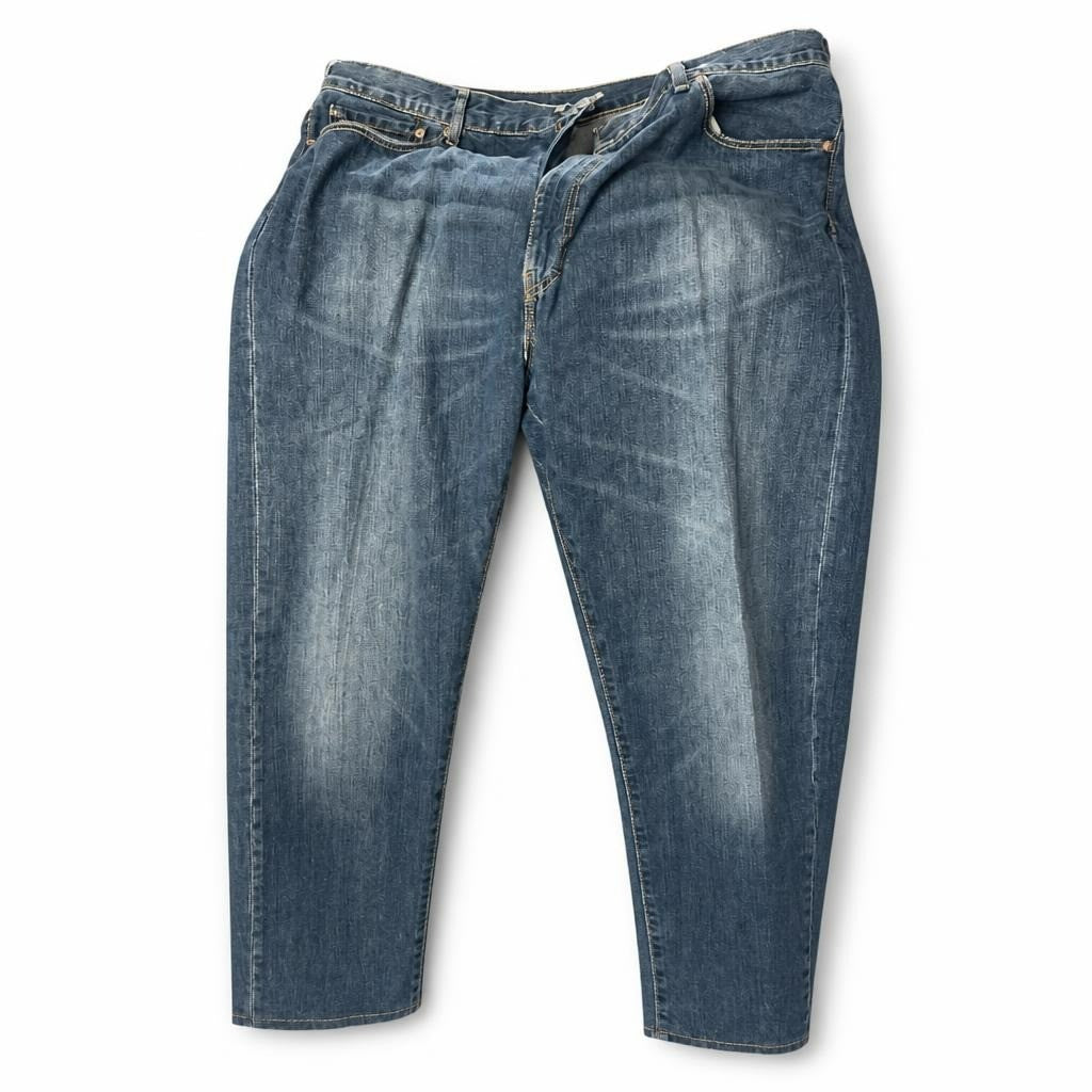 Blue wash straight-leg denim jeans, mid-rise - white studio shot, second-hand at Why Go Less, Dekwaneh, Lebanon