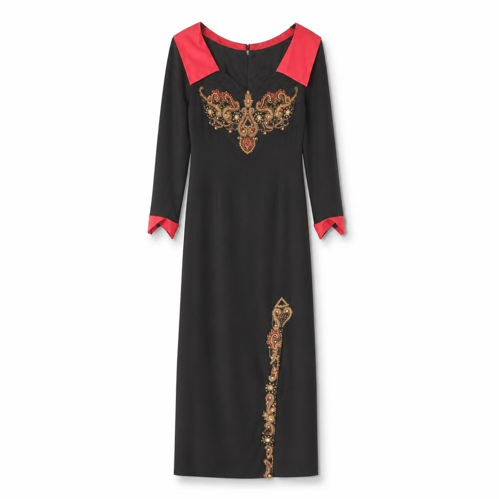 Abed Mahfouz Black & Red Embellished Kaftan/Abaya, long - white studio shot, second-hand at Why Go Less, Dekwaneh, Lebanon