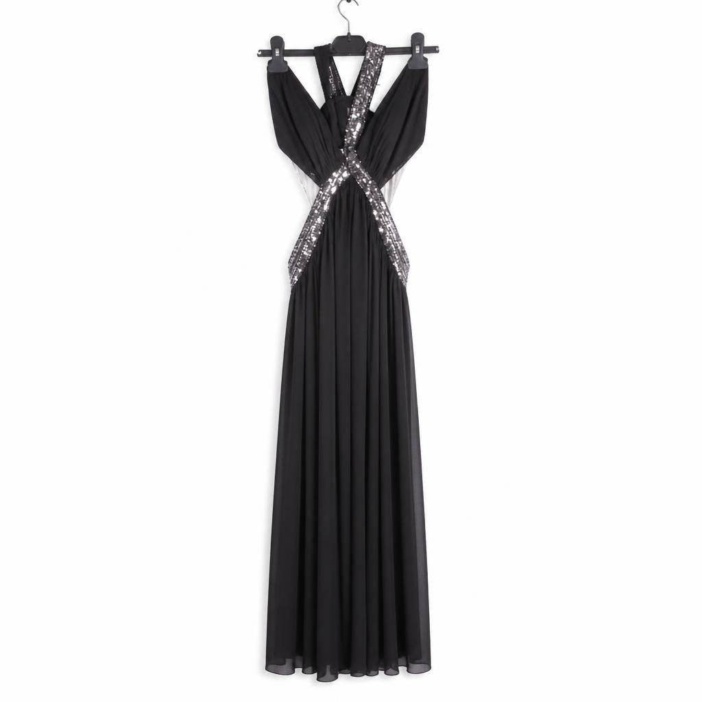 Brown Maxi Halter Dress, silver sequin straps - white studio shot, second-hand at Why Go Less, Dekwaneh, Lebanon