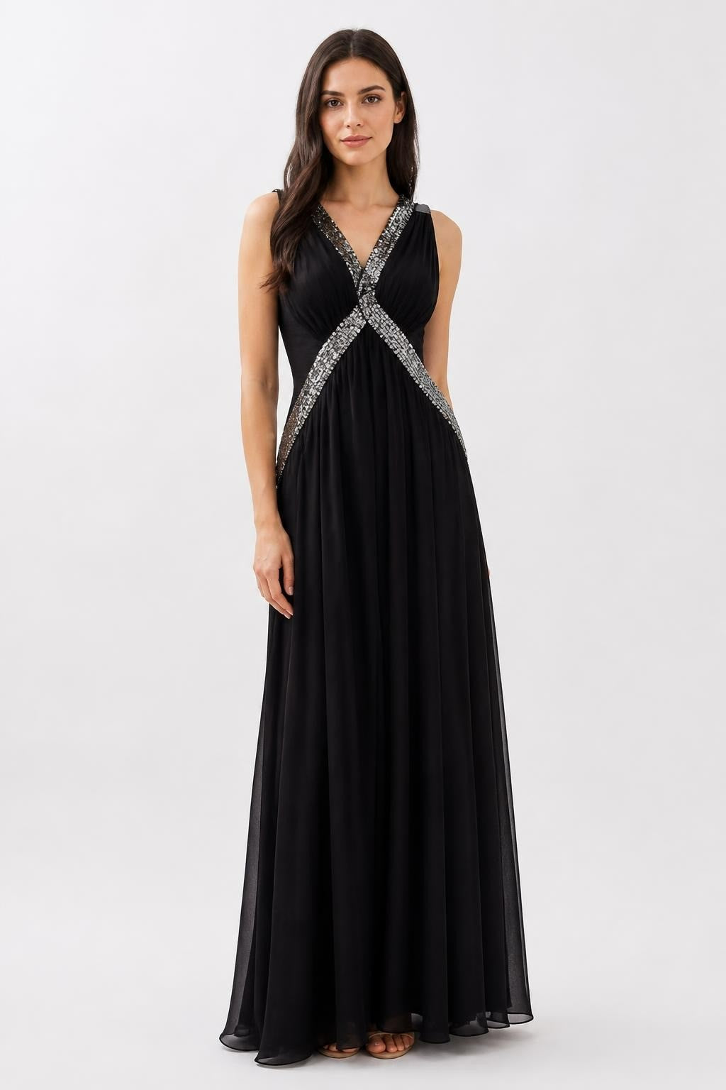 Black Chiffon Maxi Gown With Silver Sequin Straps | Pre-Loved | Why Go Less